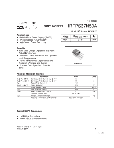 International Rectifier irfps37n50a  . Electronic Components Datasheets Active components Transistors International Rectifier irfps37n50a.pdf