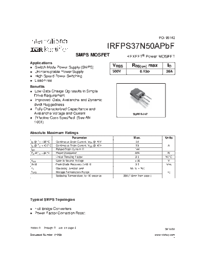 International Rectifier irfps37n50apbf  . Electronic Components Datasheets Active components Transistors International Rectifier irfps37n50apbf.pdf