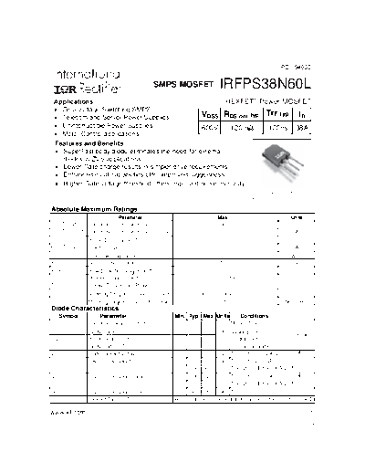 International Rectifier irfps38n60l  . Electronic Components Datasheets Active components Transistors International Rectifier irfps38n60l.pdf