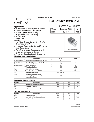 International Rectifier irfps40n60kpbf  . Electronic Components Datasheets Active components Transistors International Rectifier irfps40n60kpbf.pdf