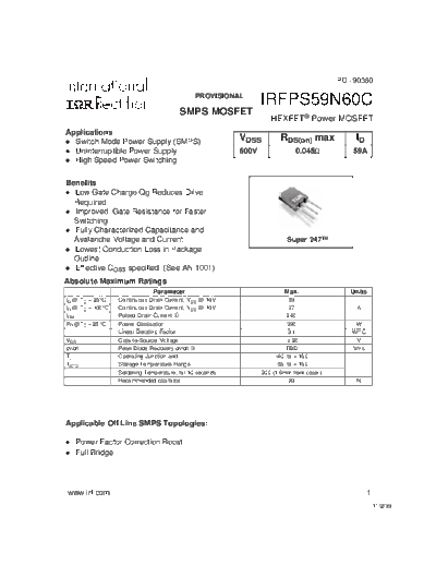 International Rectifier irfps59n60c  . Electronic Components Datasheets Active components Transistors International Rectifier irfps59n60c.pdf