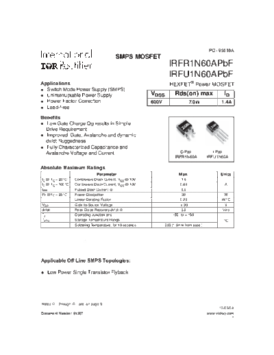 International Rectifier irfr1n60apbf irfu1n60apbf  . Electronic Components Datasheets Active components Transistors International Rectifier irfr1n60apbf_irfu1n60apbf.pdf