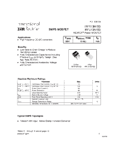 International Rectifier irfr13n15d  . Electronic Components Datasheets Active components Transistors International Rectifier irfr13n15d.pdf