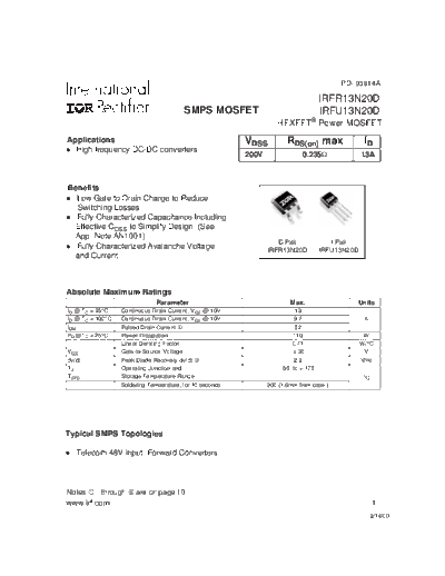 International Rectifier irfr13n20d  . Electronic Components Datasheets Active components Transistors International Rectifier irfr13n20d.pdf