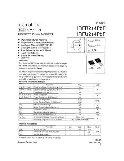 International Rectifier irfr214pbf irfu214pbf  . Electronic Components Datasheets Active components Transistors International Rectifier irfr214pbf_irfu214pbf.pdf