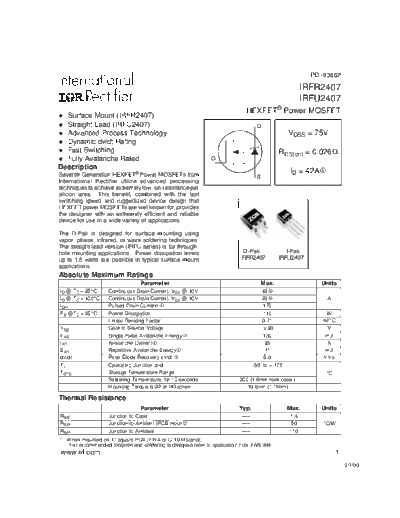 International Rectifier irfr2407  . Electronic Components Datasheets Active components Transistors International Rectifier irfr2407.pdf
