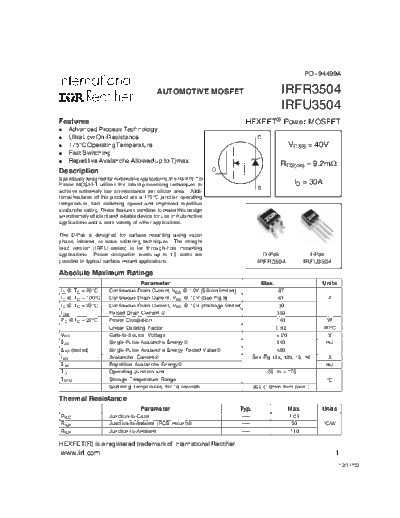 International Rectifier irfr3504  . Electronic Components Datasheets Active components Transistors International Rectifier irfr3504.pdf