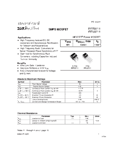 International Rectifier irfr3711  . Electronic Components Datasheets Active components Transistors International Rectifier irfr3711.pdf