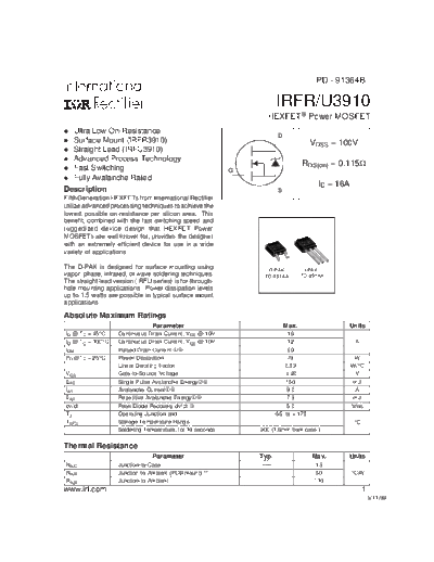 International Rectifier irfr3910  . Electronic Components Datasheets Active components Transistors International Rectifier irfr3910.pdf