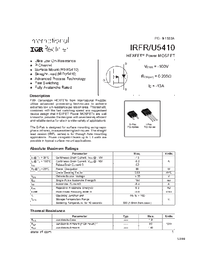 International Rectifier irfr5410  . Electronic Components Datasheets Active components Transistors International Rectifier irfr5410.pdf