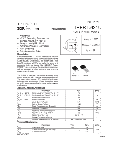 International Rectifier irfr6215  . Electronic Components Datasheets Active components Transistors International Rectifier irfr6215.pdf