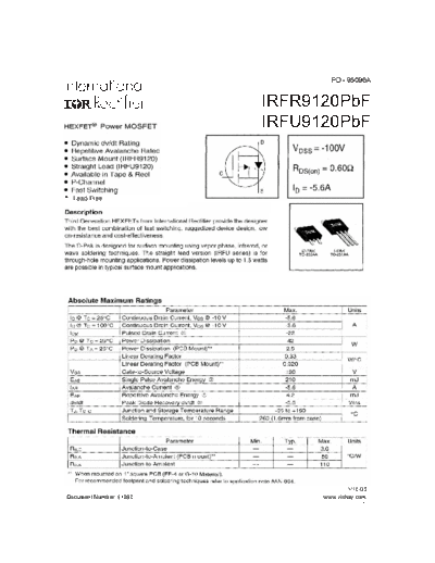International Rectifier irfr9120pbf irfu9120pbf  . Electronic Components Datasheets Active components Transistors International Rectifier irfr9120pbf_irfu9120pbf.pdf