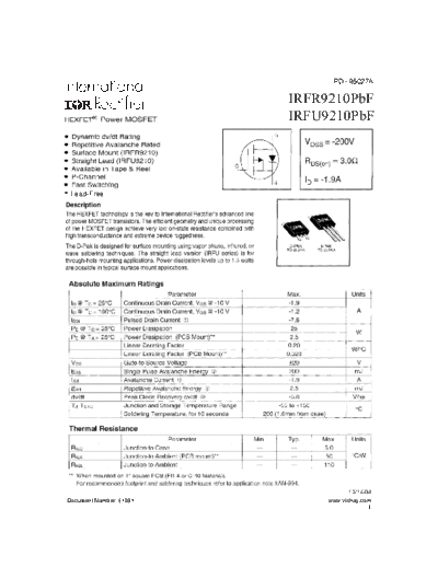 International Rectifier irfr9210pbf irfu9210pbf  . Electronic Components Datasheets Active components Transistors International Rectifier irfr9210pbf_irfu9210pbf.pdf