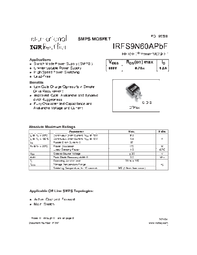 International Rectifier irfs9n60a  . Electronic Components Datasheets Active components Transistors International Rectifier irfs9n60a.pdf