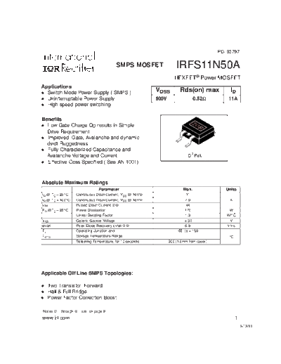 International Rectifier irfs11n50a  . Electronic Components Datasheets Active components Transistors International Rectifier irfs11n50a.pdf