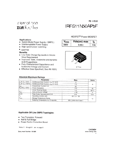 International Rectifier irfs11n50apbf  . Electronic Components Datasheets Active components Transistors International Rectifier irfs11n50apbf.pdf