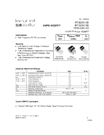 International Rectifier irfs23n15d  . Electronic Components Datasheets Active components Transistors International Rectifier irfs23n15d.pdf