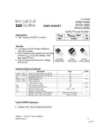 International Rectifier irfs31n20d  . Electronic Components Datasheets Active components Transistors International Rectifier irfs31n20d.pdf