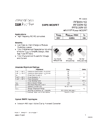 International Rectifier irfs33n15d  . Electronic Components Datasheets Active components Transistors International Rectifier irfs33n15d.pdf