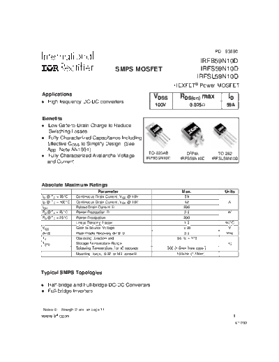 International Rectifier irfs59n10d  . Electronic Components Datasheets Active components Transistors International Rectifier irfs59n10d.pdf
