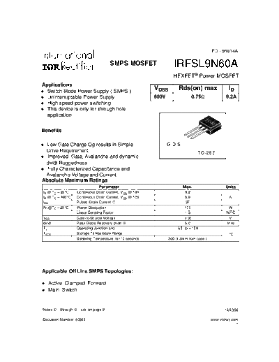 International Rectifier irfsl9n60a  . Electronic Components Datasheets Active components Transistors International Rectifier irfsl9n60a.pdf