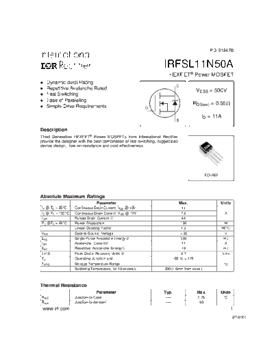 International Rectifier irfsl11n50  . Electronic Components Datasheets Active components Transistors International Rectifier irfsl11n50.pdf