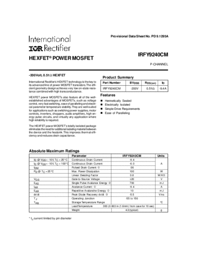 International Rectifier irfy9240cm  . Electronic Components Datasheets Active components Transistors International Rectifier irfy9240cm.pdf