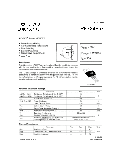 International Rectifier irfz34pbf  . Electronic Components Datasheets Active components Transistors International Rectifier irfz34pbf.pdf