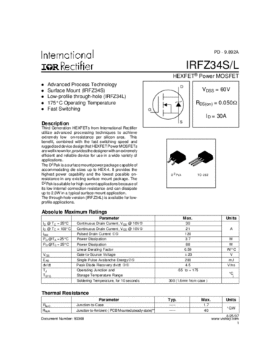 International Rectifier irfz34s-l  . Electronic Components Datasheets Active components Transistors International Rectifier irfz34s-l.pdf