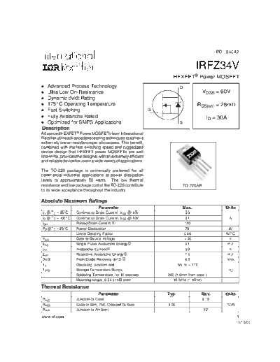 International Rectifier irfz34v  . Electronic Components Datasheets Active components Transistors International Rectifier irfz34v.pdf