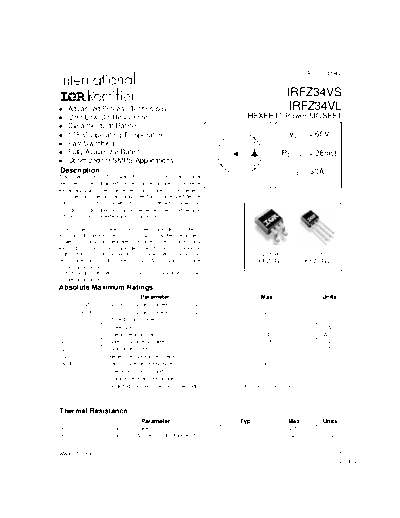 International Rectifier irfz34vs  . Electronic Components Datasheets Active components Transistors International Rectifier irfz34vs.pdf