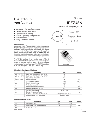 International Rectifier irfz48n  . Electronic Components Datasheets Active components Transistors International Rectifier irfz48n.pdf