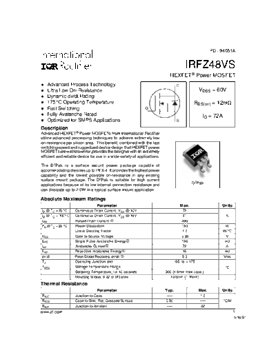 International Rectifier irfz48vs  . Electronic Components Datasheets Active components Transistors International Rectifier irfz48vs.pdf