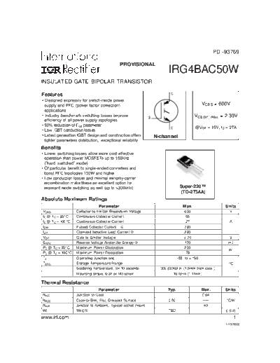 International Rectifier irg4bac50w  . Electronic Components Datasheets Active components Transistors International Rectifier irg4bac50w.pdf