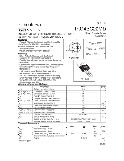 International Rectifier irg4bc20md  . Electronic Components Datasheets Active components Transistors International Rectifier irg4bc20md.pdf