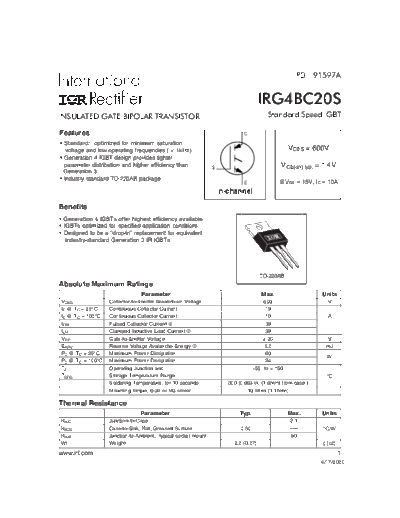 International Rectifier irg4bc20s  . Electronic Components Datasheets Active components Transistors International Rectifier irg4bc20s.pdf