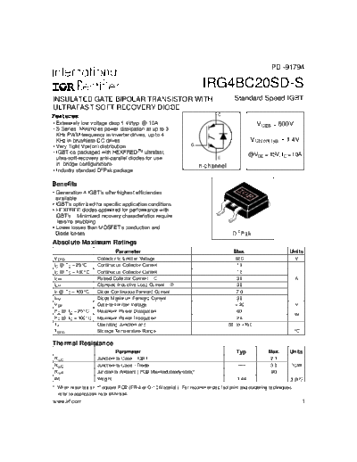International Rectifier irg4bc20sd-s  . Electronic Components Datasheets Active components Transistors International Rectifier irg4bc20sd-s.pdf