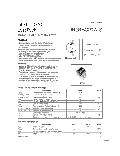 International Rectifier irg4bc20w-s  . Electronic Components Datasheets Active components Transistors International Rectifier irg4bc20w-s.pdf