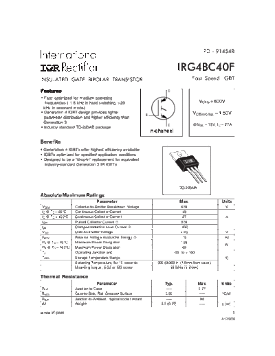 International Rectifier irg4bc40f  . Electronic Components Datasheets Active components Transistors International Rectifier irg4bc40f.pdf