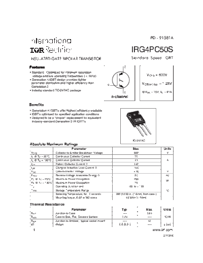 International Rectifier irg4pc50s  . Electronic Components Datasheets Active components Transistors International Rectifier irg4pc50s.pdf