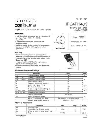 International Rectifier irg4ph40k  . Electronic Components Datasheets Active components Transistors International Rectifier irg4ph40k.pdf