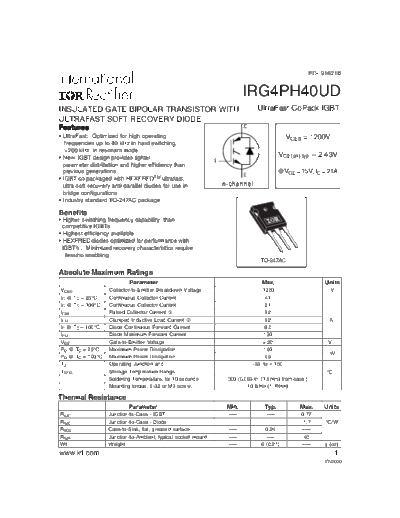 International Rectifier irg4ph40ud  . Electronic Components Datasheets Active components Transistors International Rectifier irg4ph40ud.pdf
