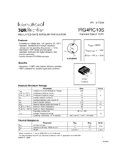 International Rectifier irg4rc10s  . Electronic Components Datasheets Active components Transistors International Rectifier irg4rc10s.pdf