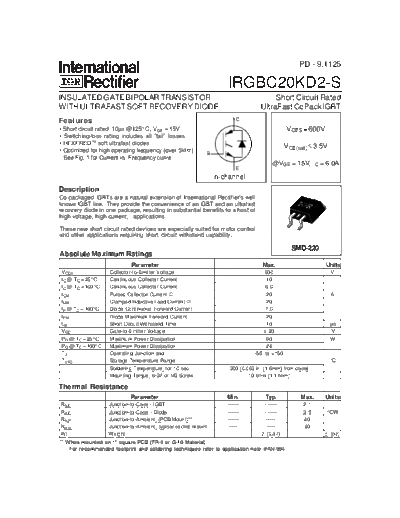 International Rectifier irgbc20kd2-s  . Electronic Components Datasheets Active components Transistors International Rectifier irgbc20kd2-s.pdf