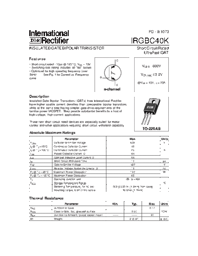 International Rectifier irgbc40k  . Electronic Components Datasheets Active components Transistors International Rectifier irgbc40k.pdf