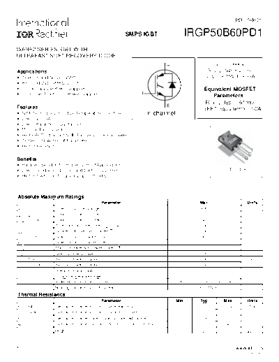 International Rectifier irgp50b60pd1  . Electronic Components Datasheets Active components Transistors International Rectifier irgp50b60pd1.pdf