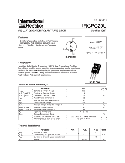 International Rectifier irgpc20u  . Electronic Components Datasheets Active components Transistors International Rectifier irgpc20u.pdf