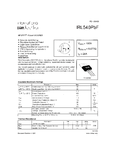 International Rectifier irl540pbf  . Electronic Components Datasheets Active components Transistors International Rectifier irl540pbf.pdf