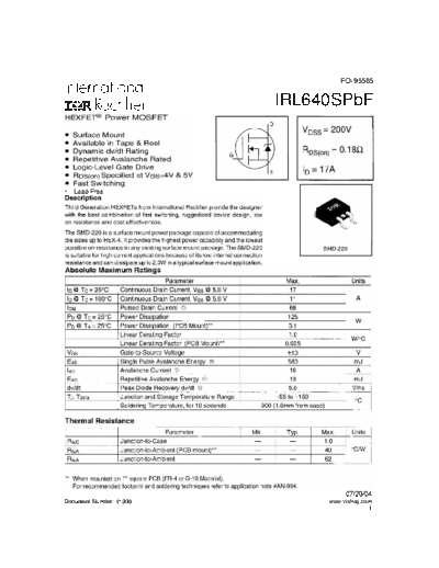 International Rectifier irl640spbf  . Electronic Components Datasheets Active components Transistors International Rectifier irl640spbf.pdf