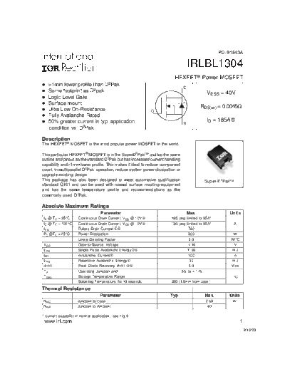 International Rectifier irlbl1304  . Electronic Components Datasheets Active components Transistors International Rectifier irlbl1304.pdf